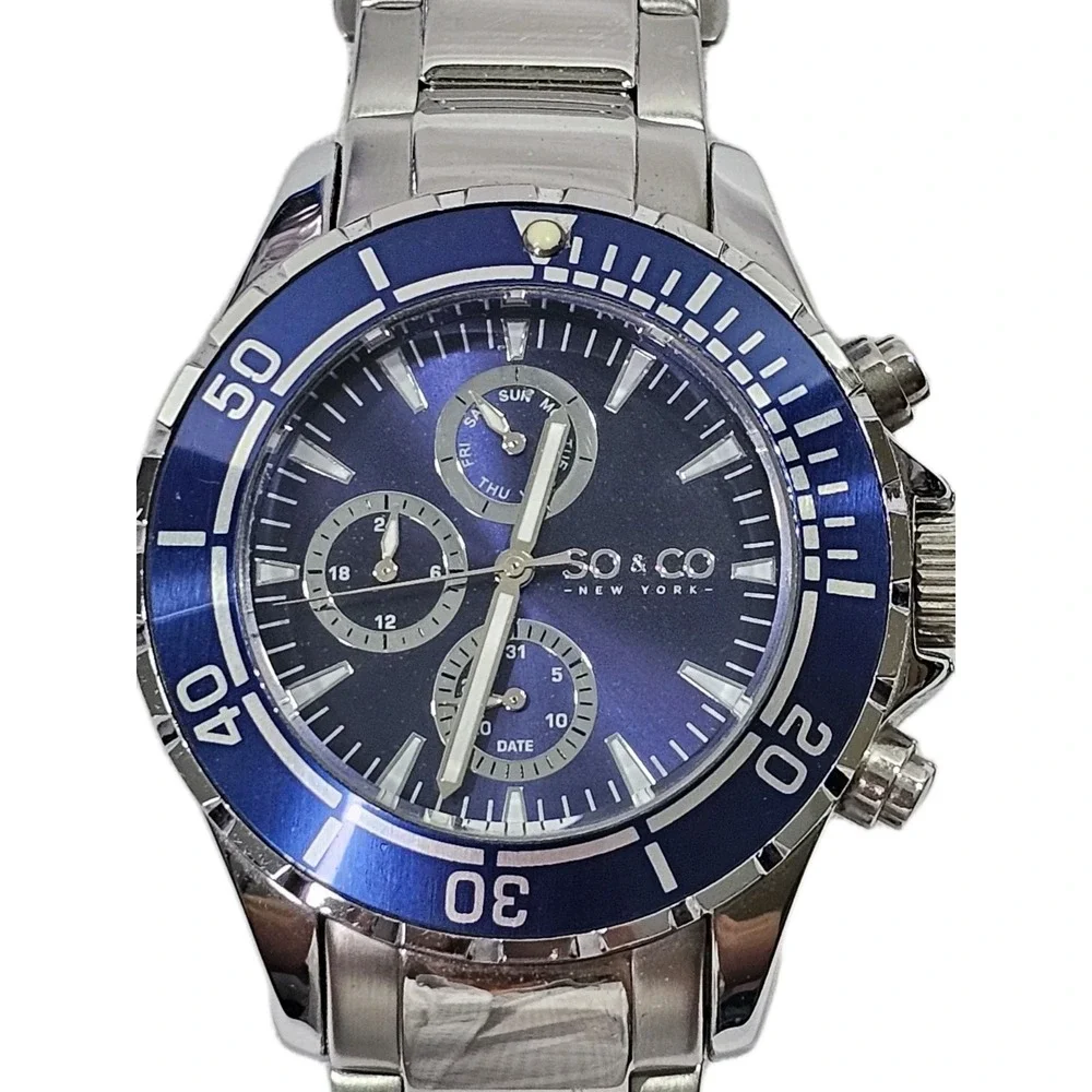 SO&CO Quartz Watch Men 100m Screwdown Crown Rotating Bezel Blue Need New Battery